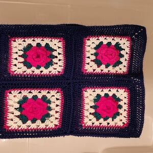 Granny square 3D Roses crochet blanket throw red white blue patriotic Handmade